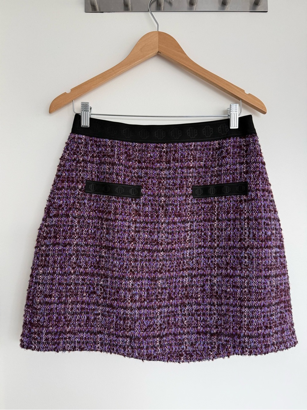 Maje Purple Bouclé Tweed Mini Skirt Black Trim FR 42